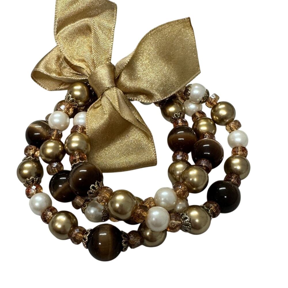 3 Strand Tigers Eye & Pearl Stretch Bracelet